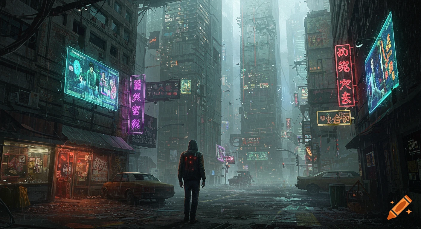 Person stands in a rainy dystopian cyberpunk city street with neon signs. Digital art.