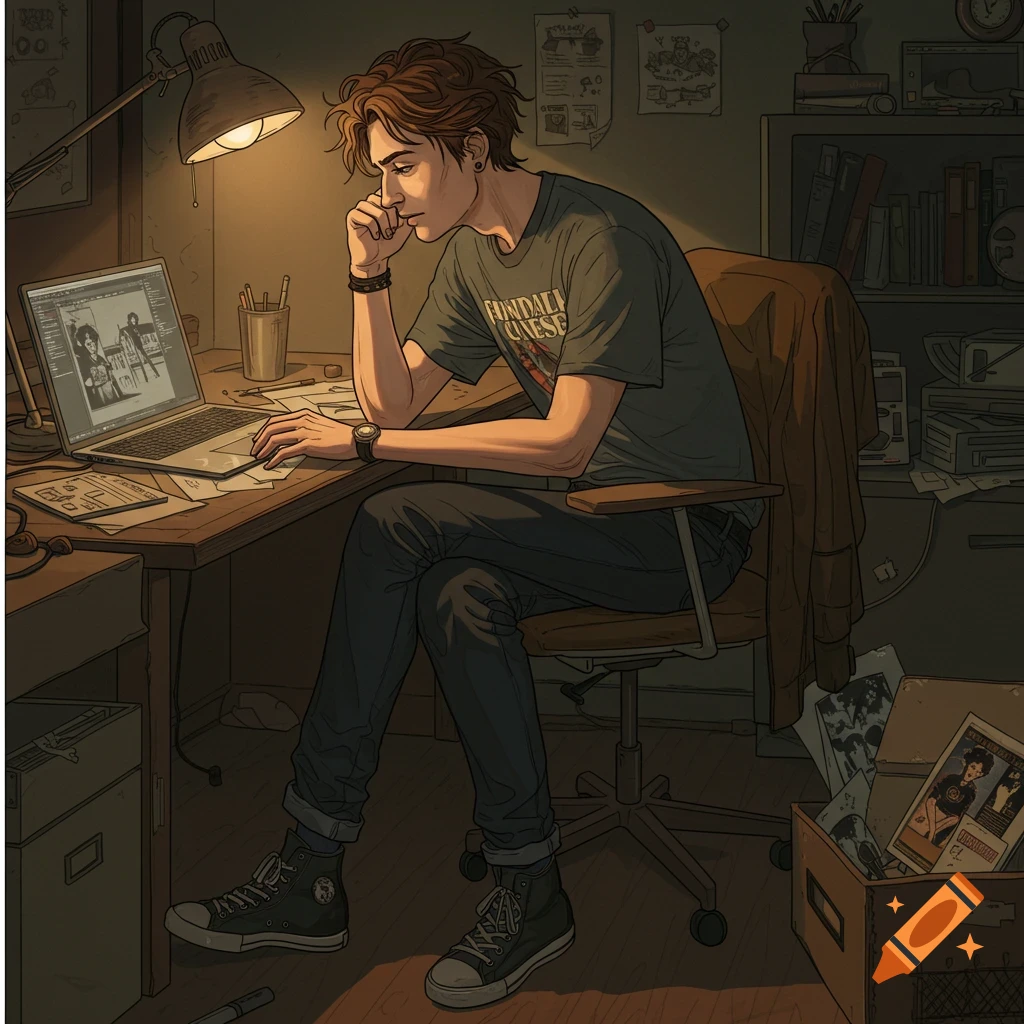 An illustrated young man sits at a cluttered desk, working on a laptop in a dimly lit room.