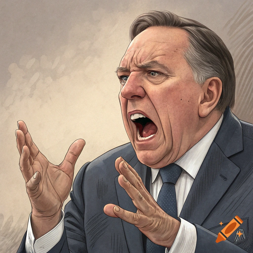 A caricature of a man in a suit shouting and gesturing intensely with his hands.