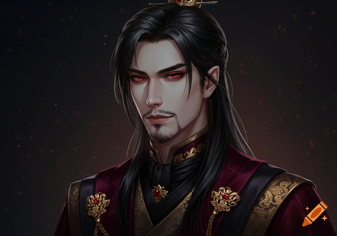 Portrait of a handsome male royal with long black hair, red eyes, wearing a red and gold robe.