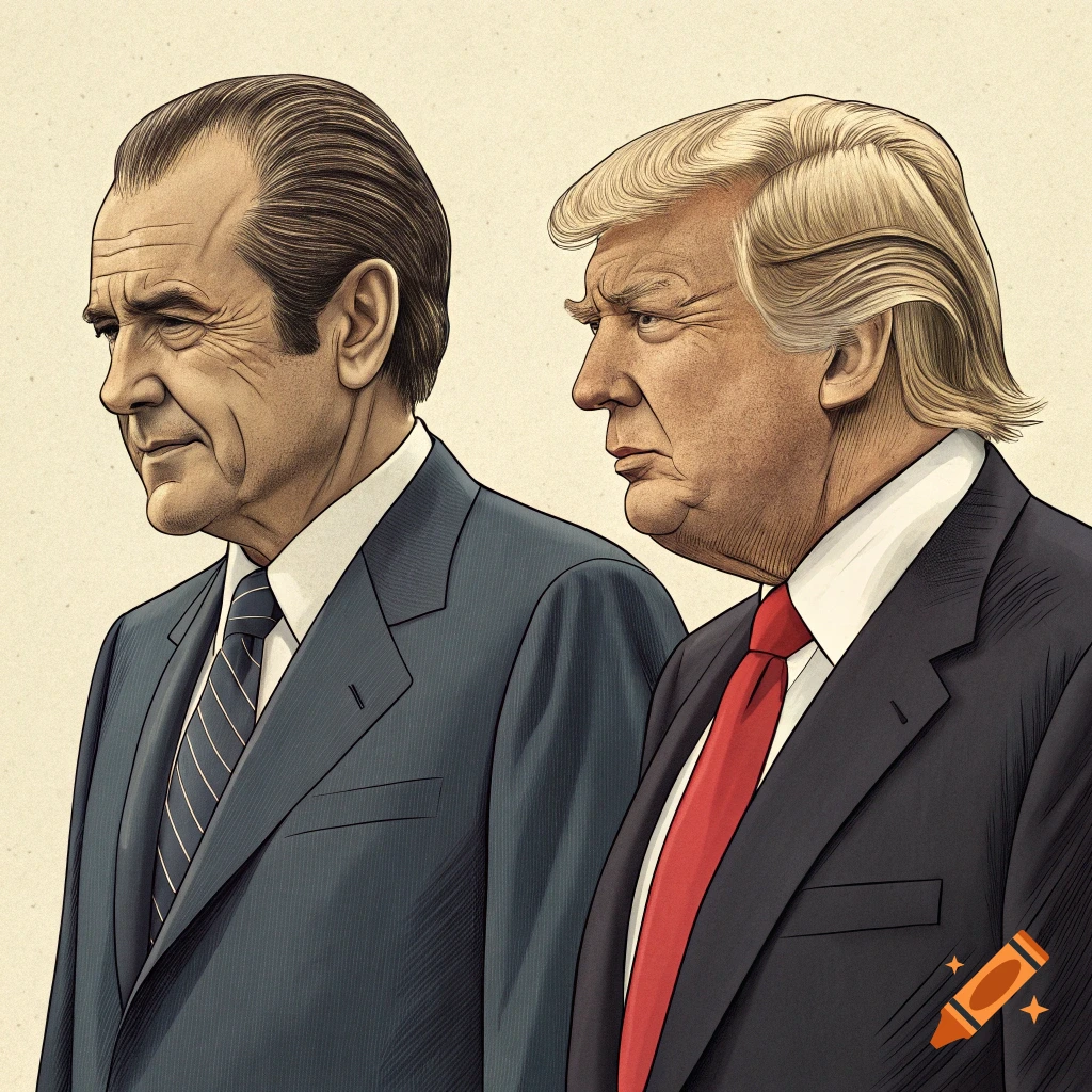 Stylized illustration of Richard Nixon and Donald Trump in suits.