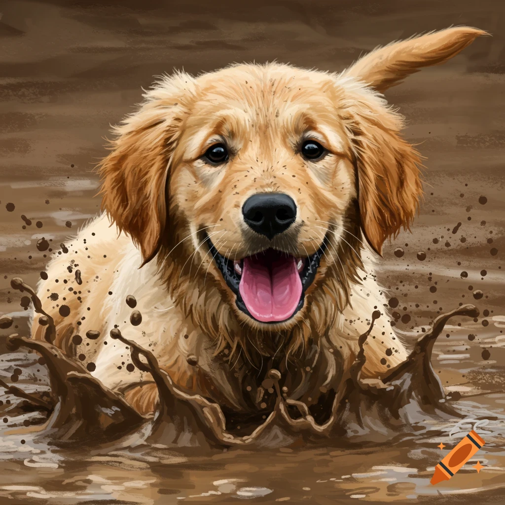 A golden retriever puppy happily splashing in mud