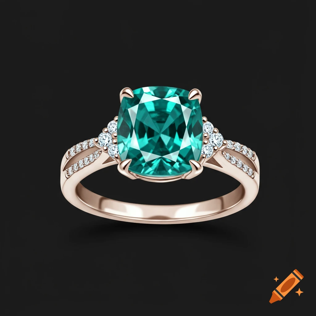 Rose gold ring with a large teal cushion-cut stone and side diamonds on a black background.