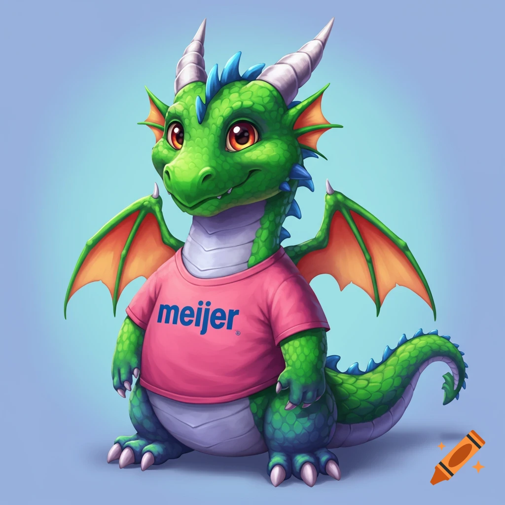 A cute cartoon green dragon wearing a pink t-shirt with the word "meijer" on it.