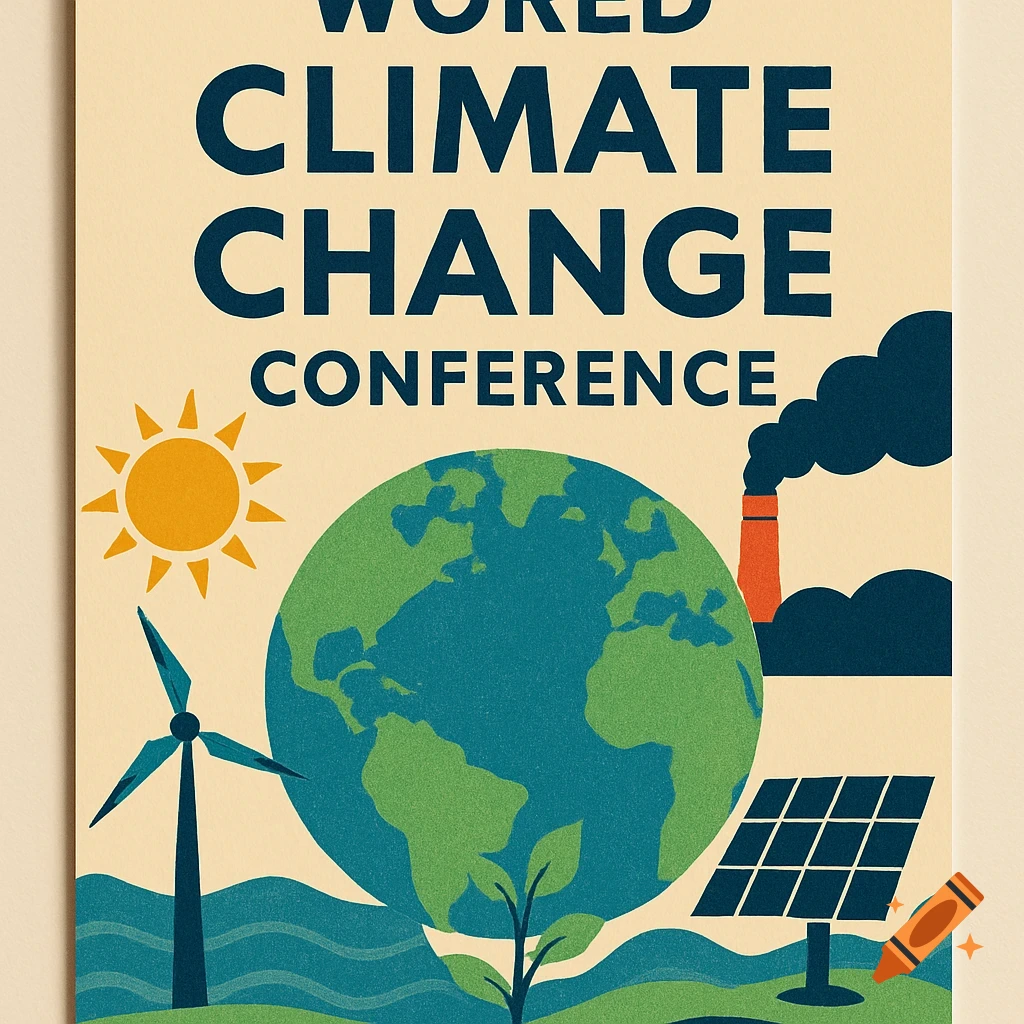 Illustration of a poster for the world climate change conference featuring Earth, sun, wind turbine, solar panel, plants, and a factory chimney.