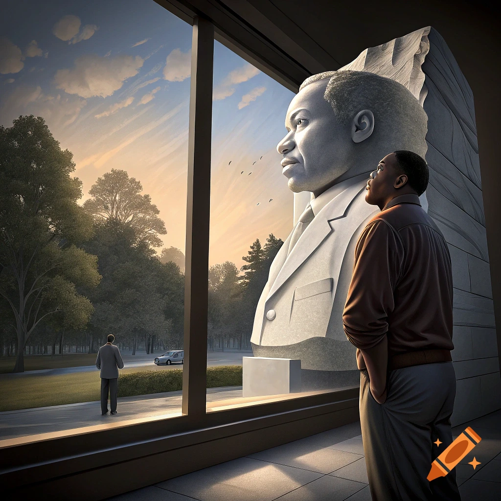 A man looks up at a large stone sculpture bust of Martin Luther King Jr. inside a building next to a window overlooking a park.