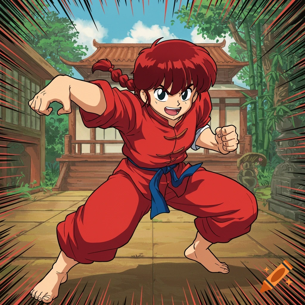 Anime illustration of a person in red martial arts gi in a fighting pose, outside a building.