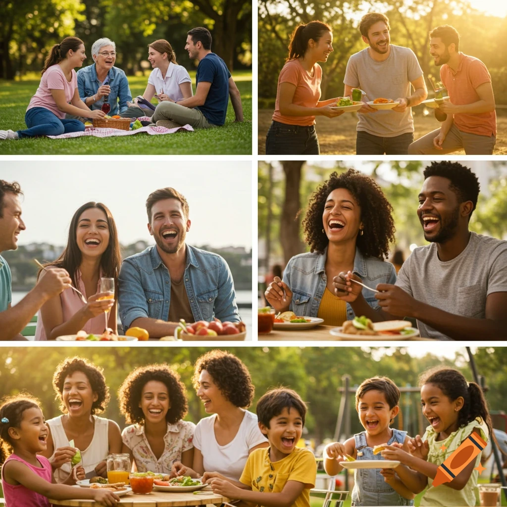 Collage of diverse groups, including families and friends, laughing and enjoying picnics and meals outdoors in warm sunlight.