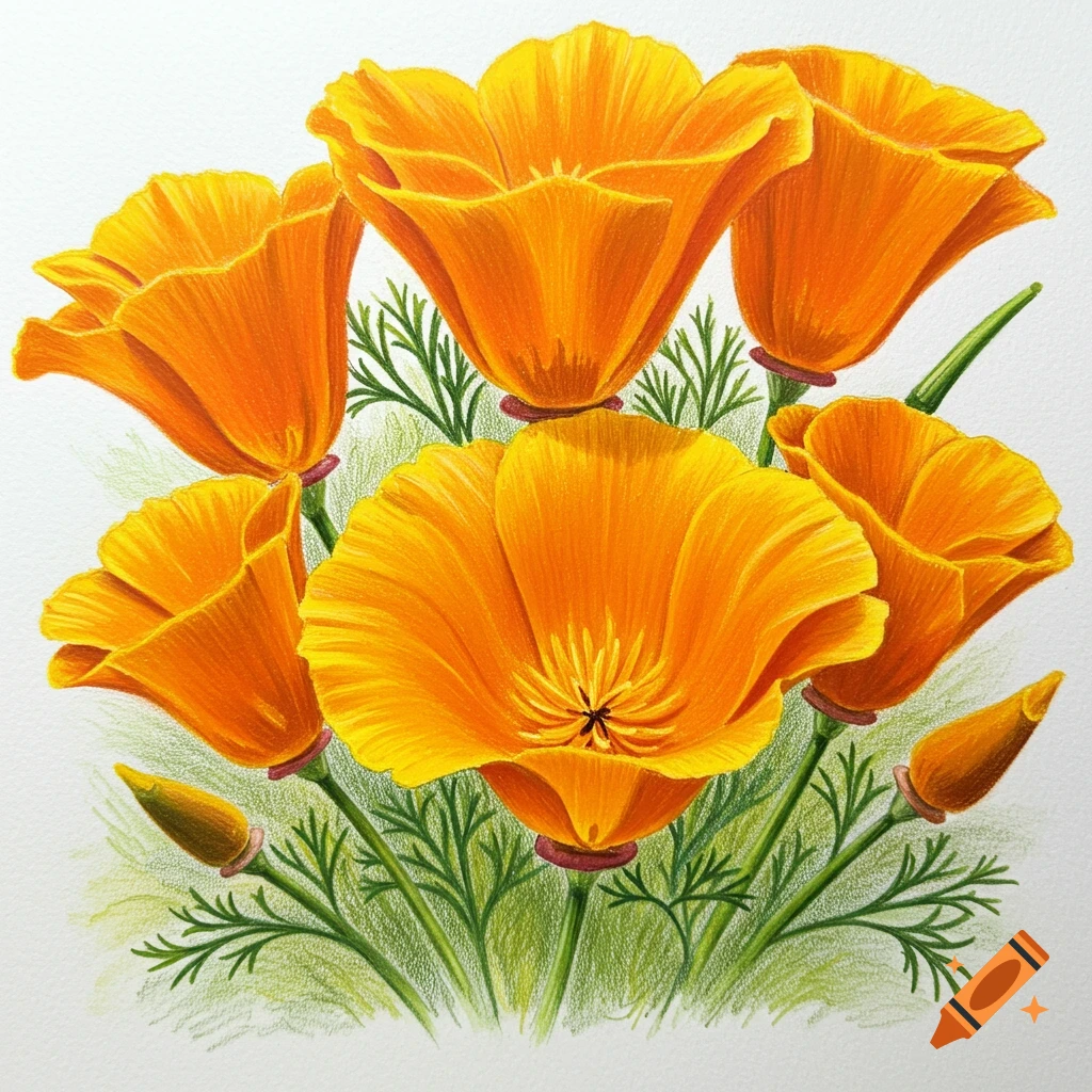 Colored pencil drawing of bright orange California poppies with green leaves.