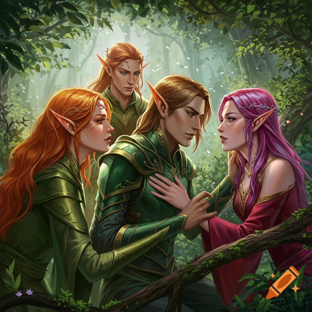 Four elves, three male-presenting and one female-presenting, in a lush forest scene.