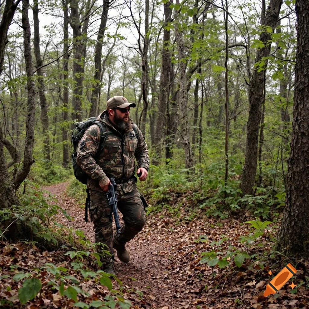 Man in camouflage with rifle walks on forest trail.