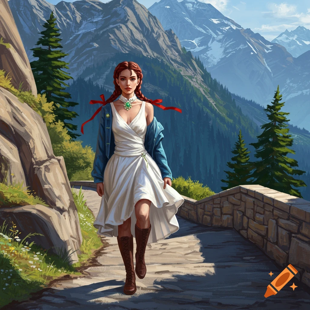 A woman in a white dress walks on a mountain path.