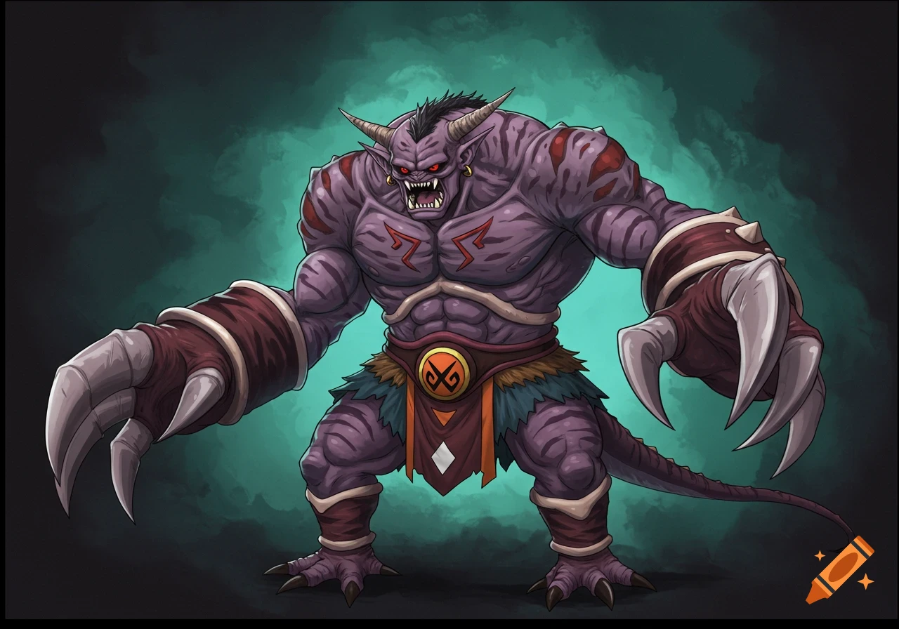 A purple monster with red eyes, horns, large claws, and symbols on its chest and belt.