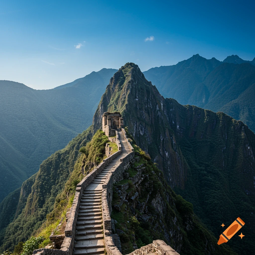 Stone staircase winding up a steep mountain ridge to ancient ruins against a blue sky