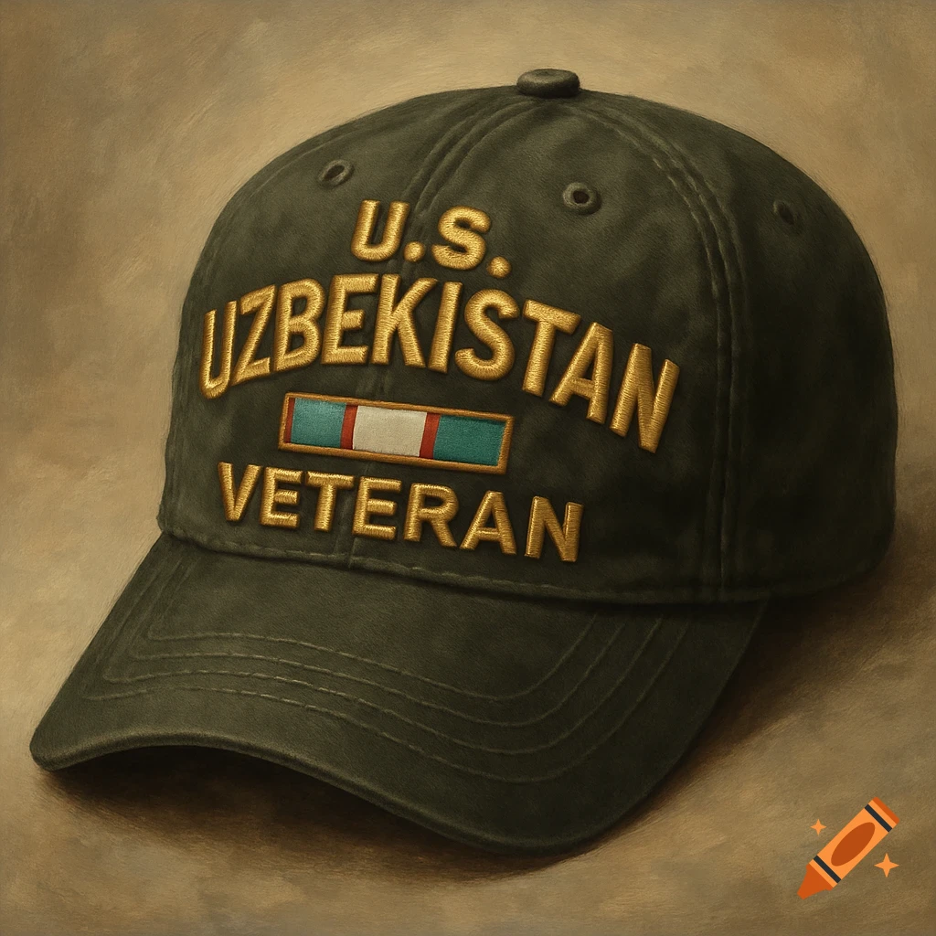 A green U.S. Uzbekistan Veteran baseball cap with a ribbon.