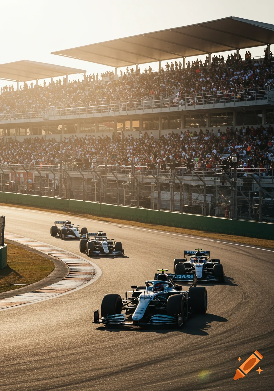 Formula 1 cars race on a sunny track with a crowd in the stands.