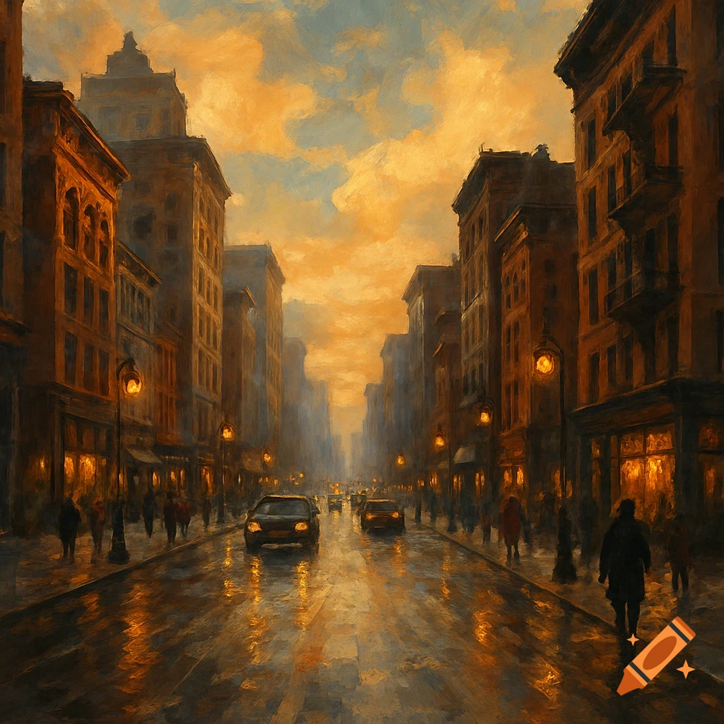 A city street at sunset with buildings, people, cars, and reflections on wet pavement.