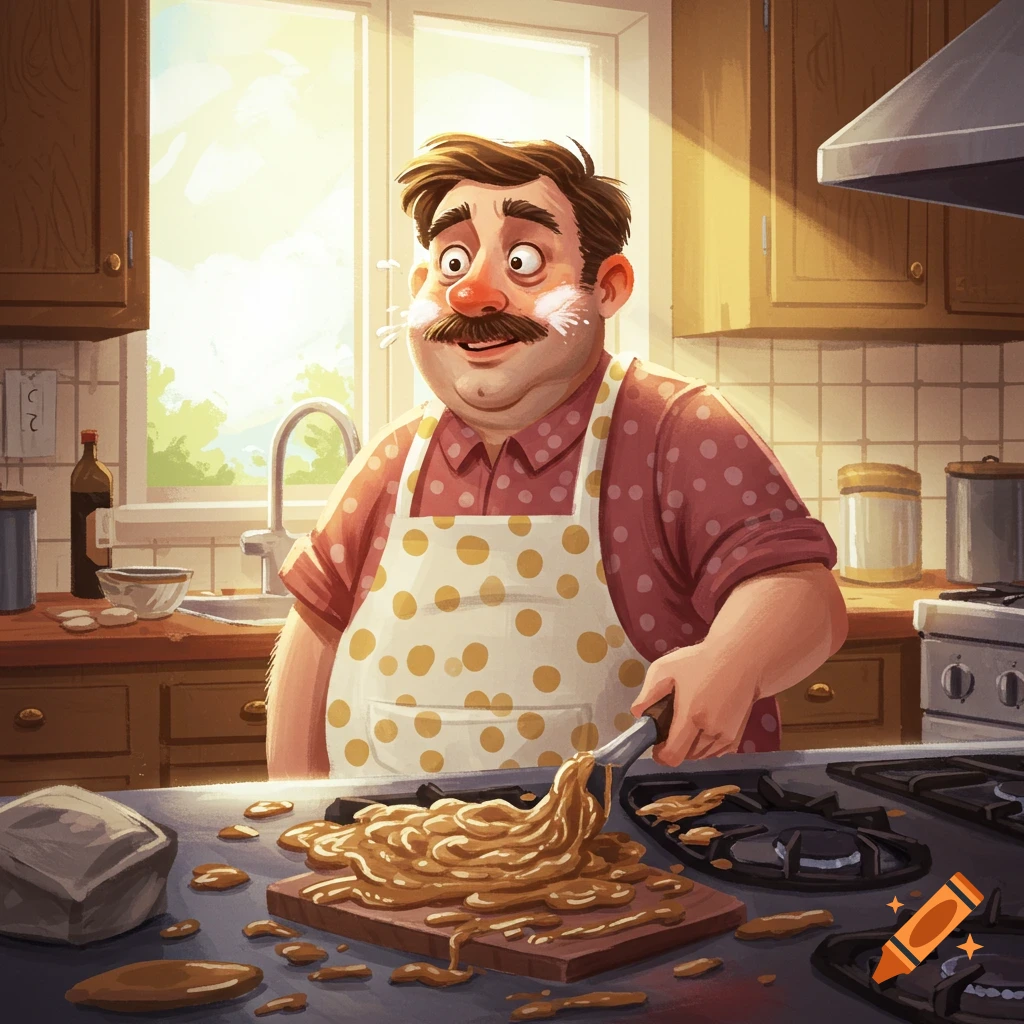 A man in an apron spills gravy all over a kitchen counter.