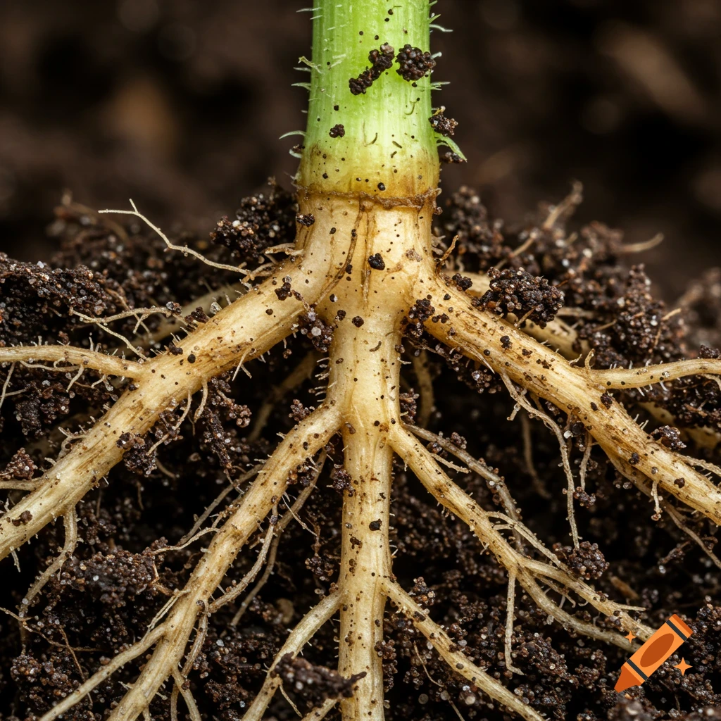 Close-up view of the roots of a plant in soil.