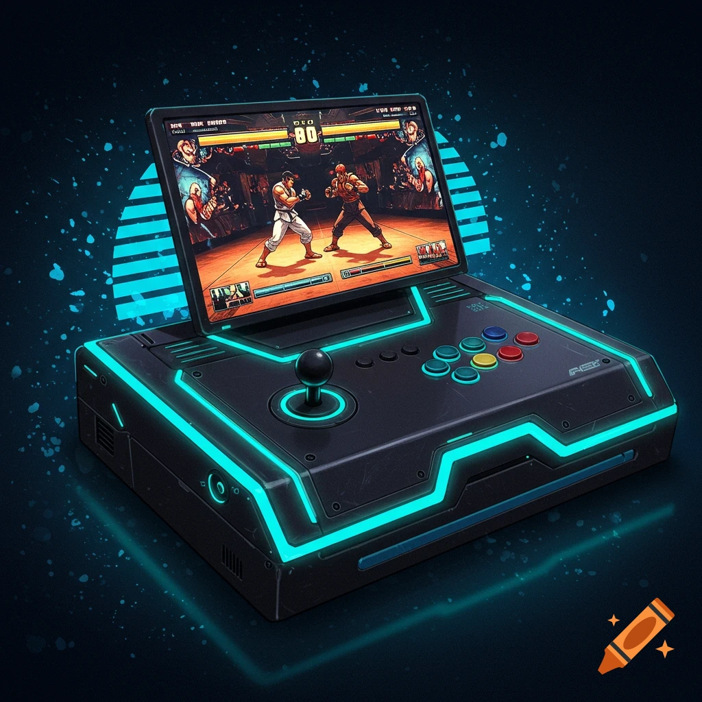 A black retro-futuristic video game console with blue neon lights, showing a fighting game on its screen.