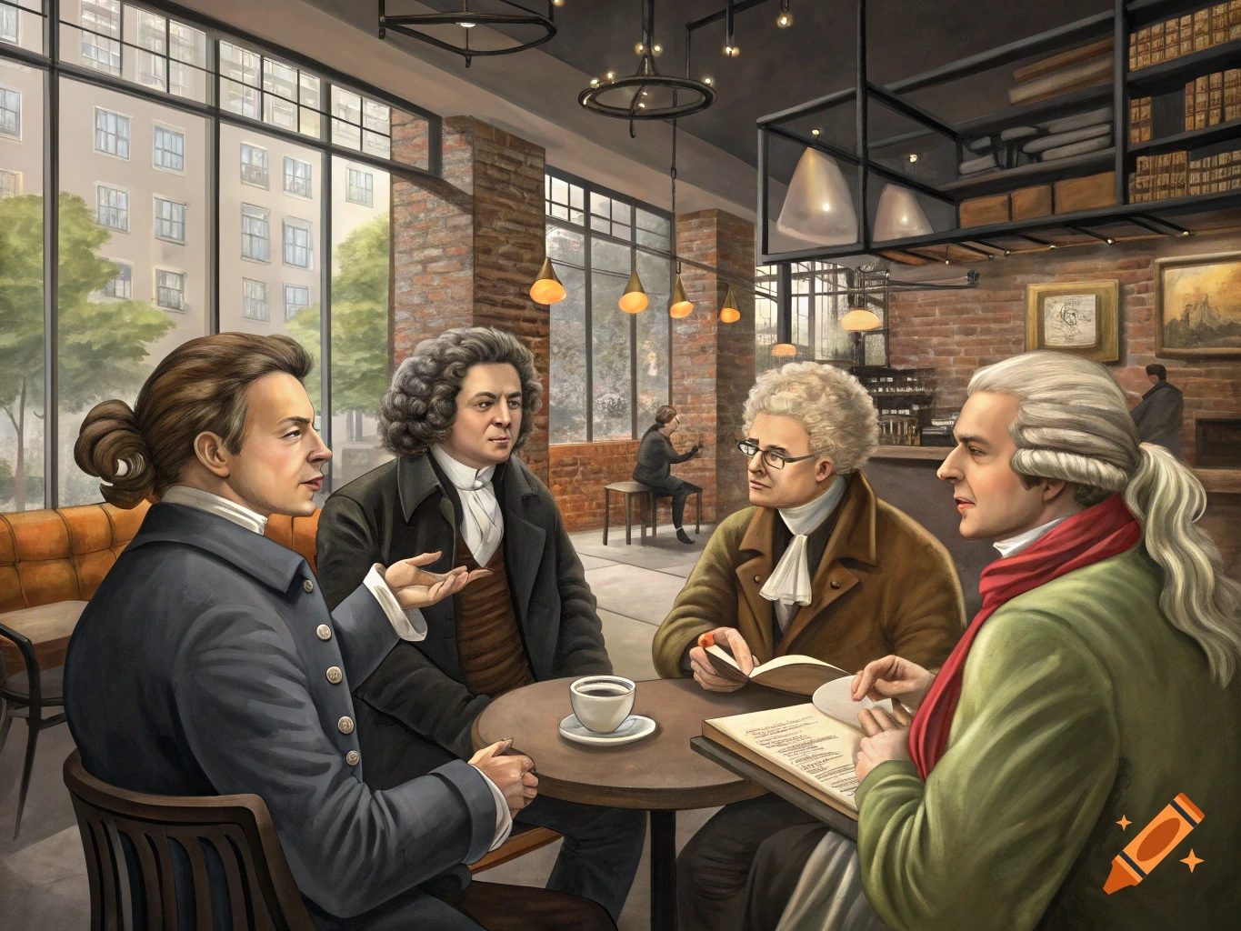 Four men in historical attire sit around a table talking in a modern cafe.