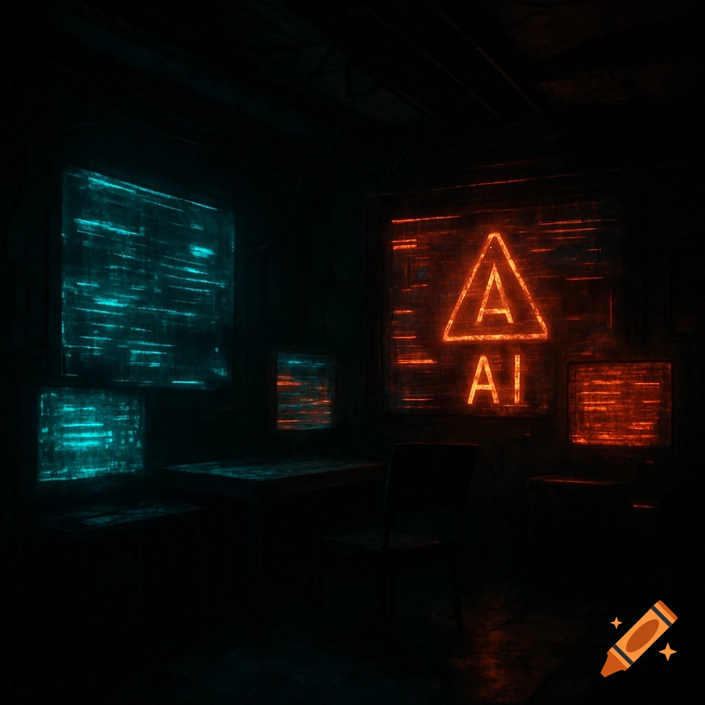 A dark, atmospheric futuristic room with glowing screens displaying data and glitches, and a large orange AI warning sign.