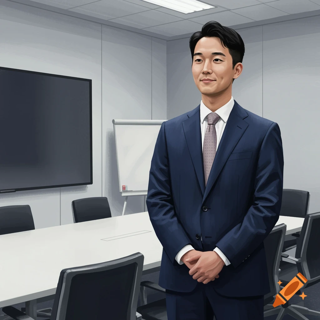 A young Asian man in a suit stands in a minimalist meeting room.