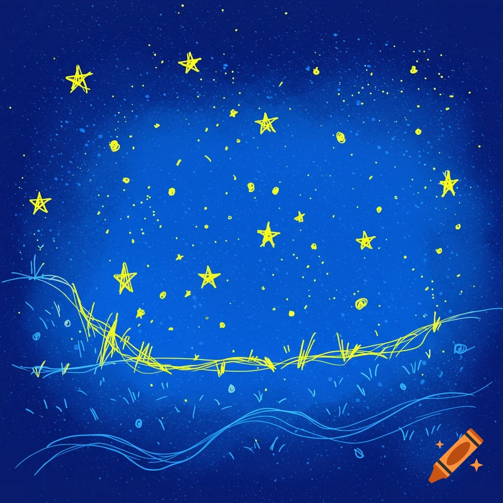 A sketchy drawing of a night sky with yellow stars and blue landscape lines.
