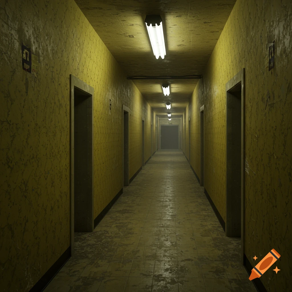 A long, empty yellow hallway with many doors and fluorescent lights.