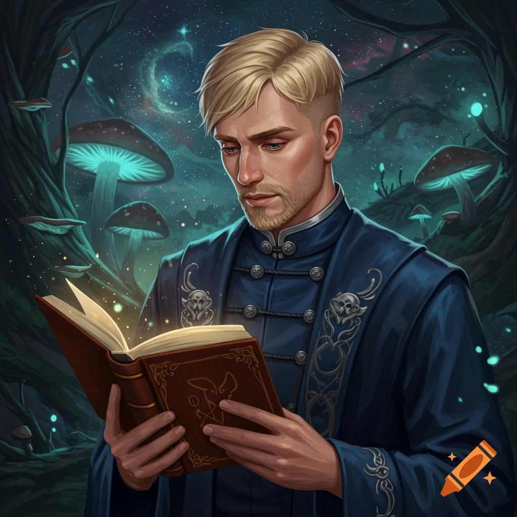 Blonde wizard in blue robes reading a glowing book in a magical forest with glowing mushrooms under a starry sky.