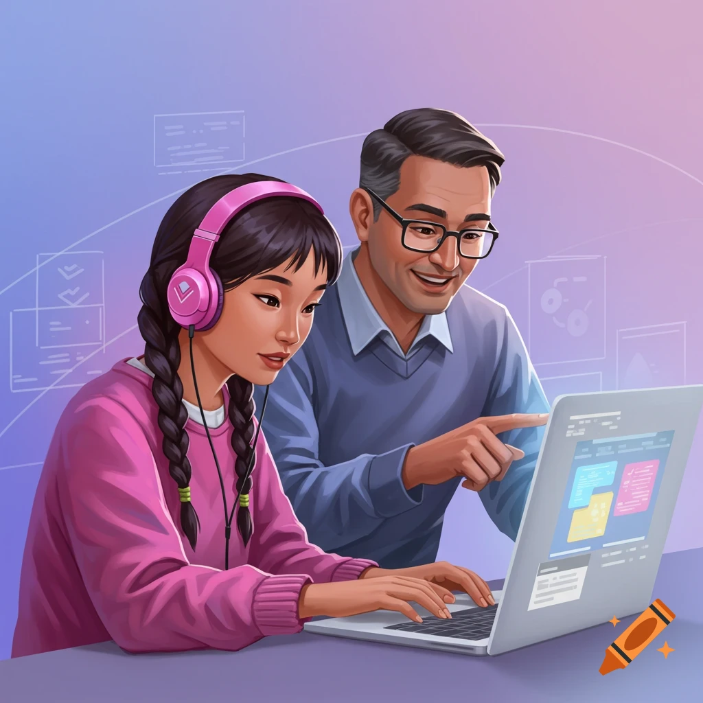 An adult and a younger person looking at a laptop.