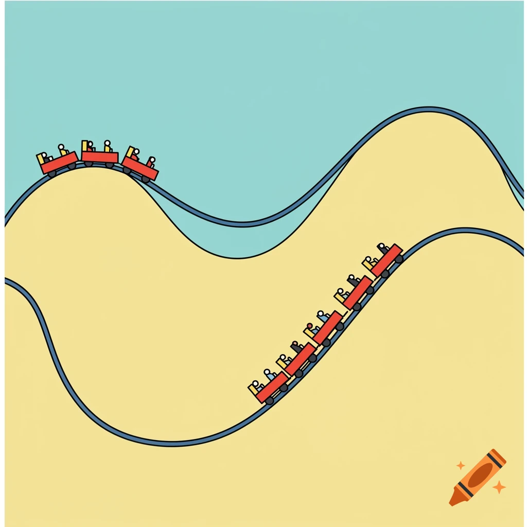 Simple cartoon illustration of a red roller coaster train on a blue track.