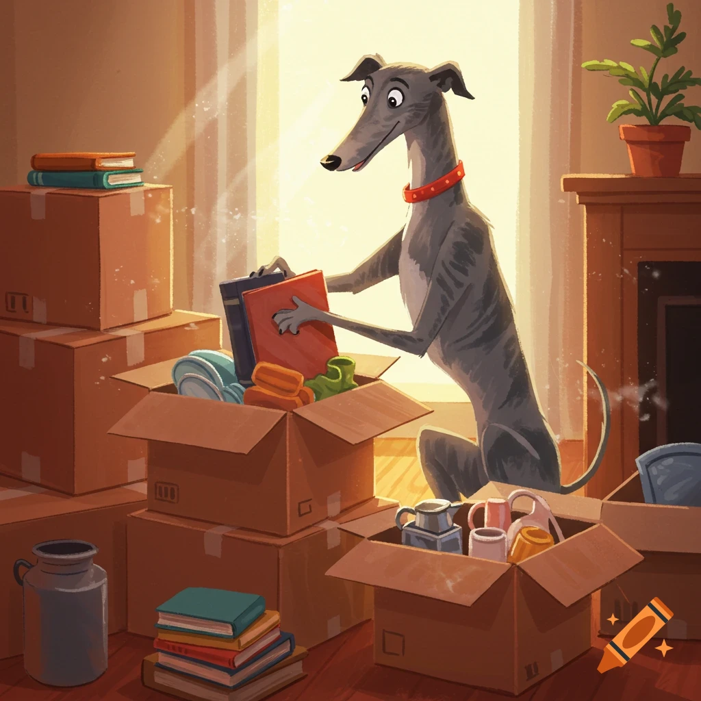 Cartoon greyhound packing boxes to move