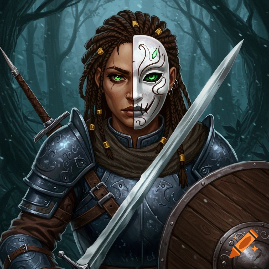 A female warrior with dreadlocks and a half mask wearing armor and holding a sword and shield in a forest.