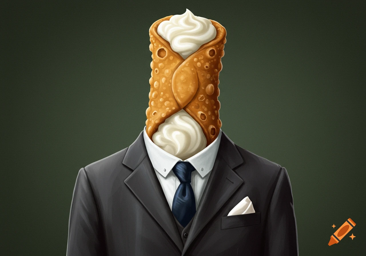 Painting of a person in a suit with a cannoli for a head.
