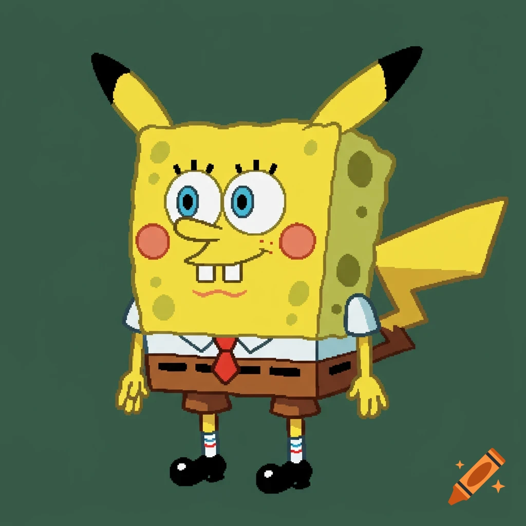 Pixelated SpongeBob character with Pikachu ears and tail.