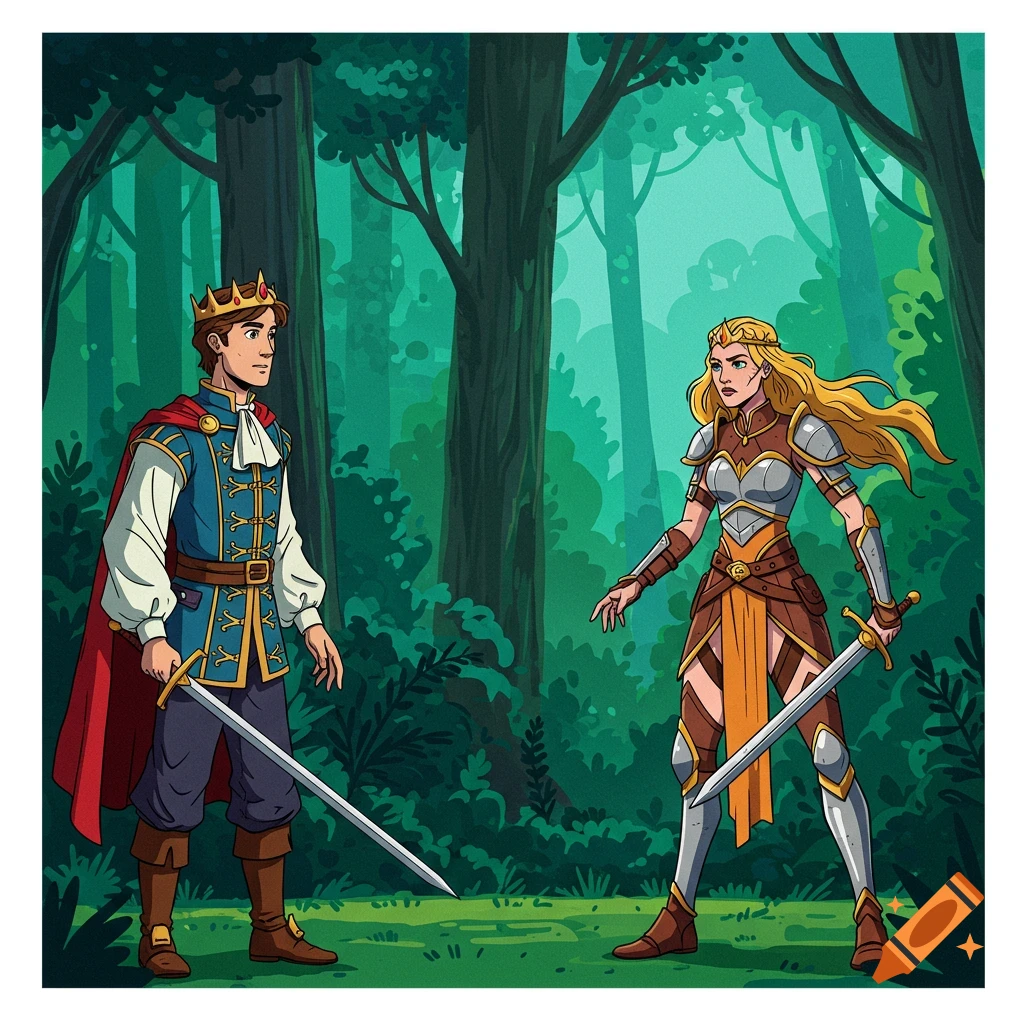 A vector illustration of a prince and a warrior princess meeting in a forest.