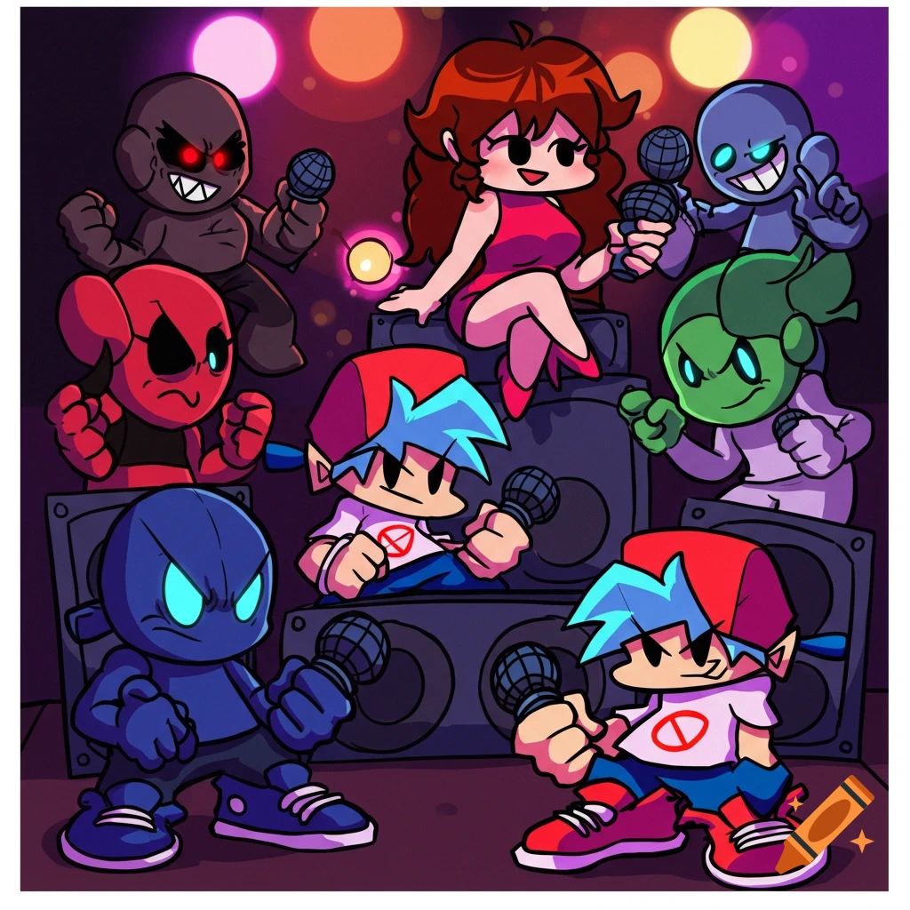 Characters from Friday Night Funkin' singing on a stage with speakers.