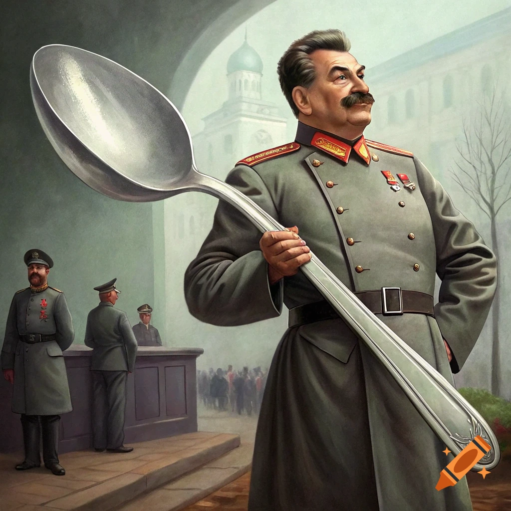 Illustration of Joseph Stalin in uniform holding a comically large spoon.
