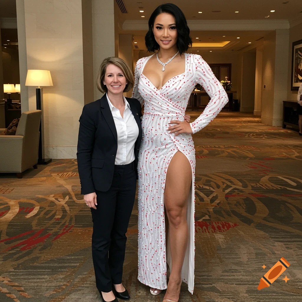 Two women pose in a hotel lobby, one in a suit and one in a sparkly white dress with a high slit and necklace.