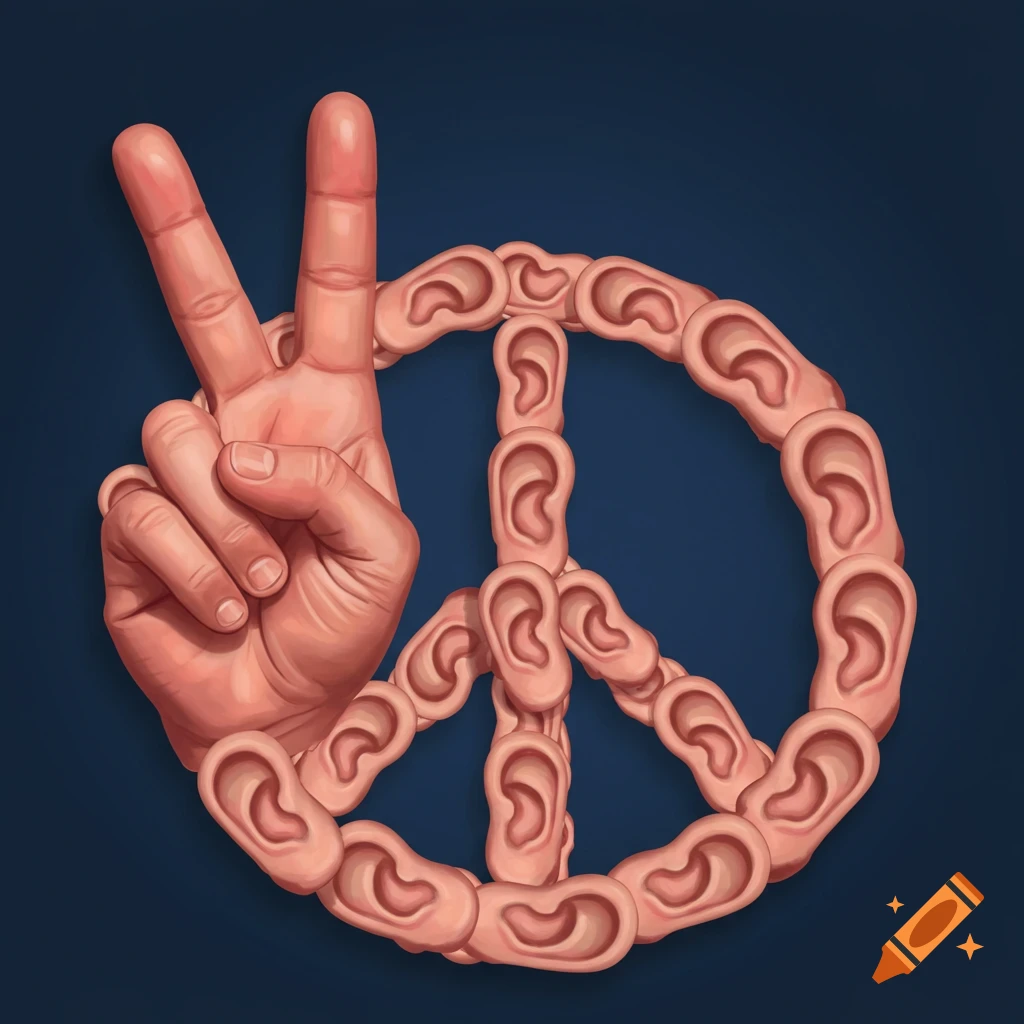 A peace sign made of ears with a hand making a peace sign beside it on a dark blue background.