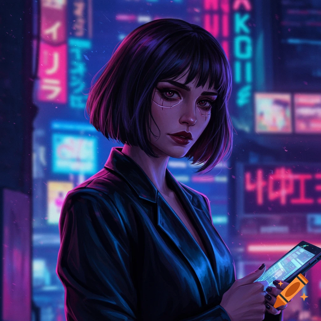 A young woman in a blazer is holding a phone in a neon cyberpunk city street.