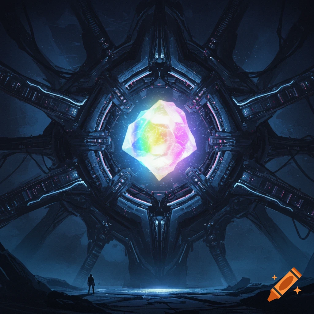 Large dark sci-fi machine with glowing rainbow crystal viewed by a small figure