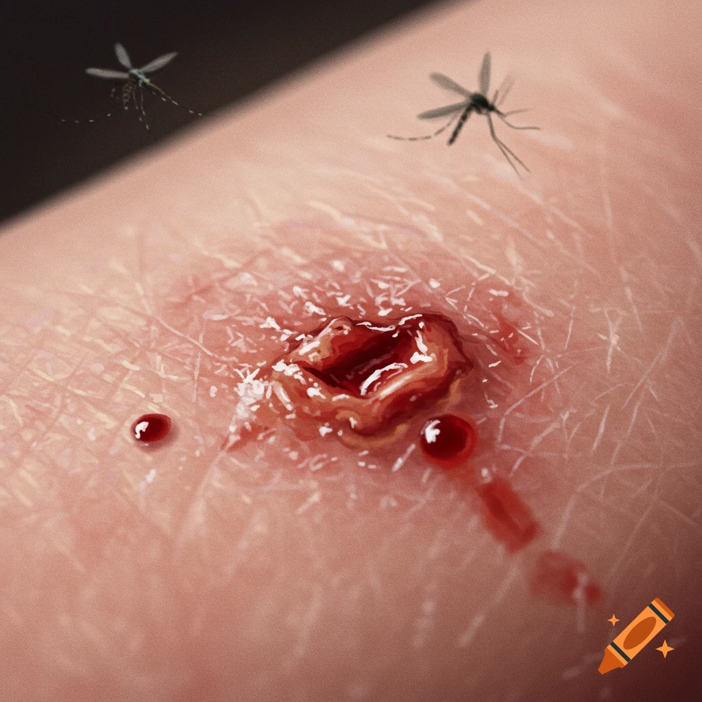A mosquito bite on skin with blood drops and flying mosquitoes.