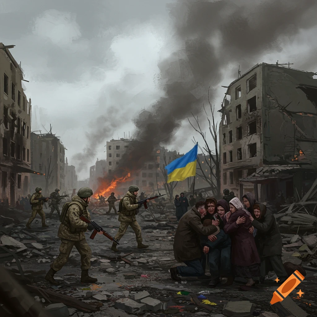 A scene unfolds on a ravaged city street, where soldiers and civilians navigate the debris under a sky lit by flames. A Ukrainian flag stands defiant amidst the destruction.