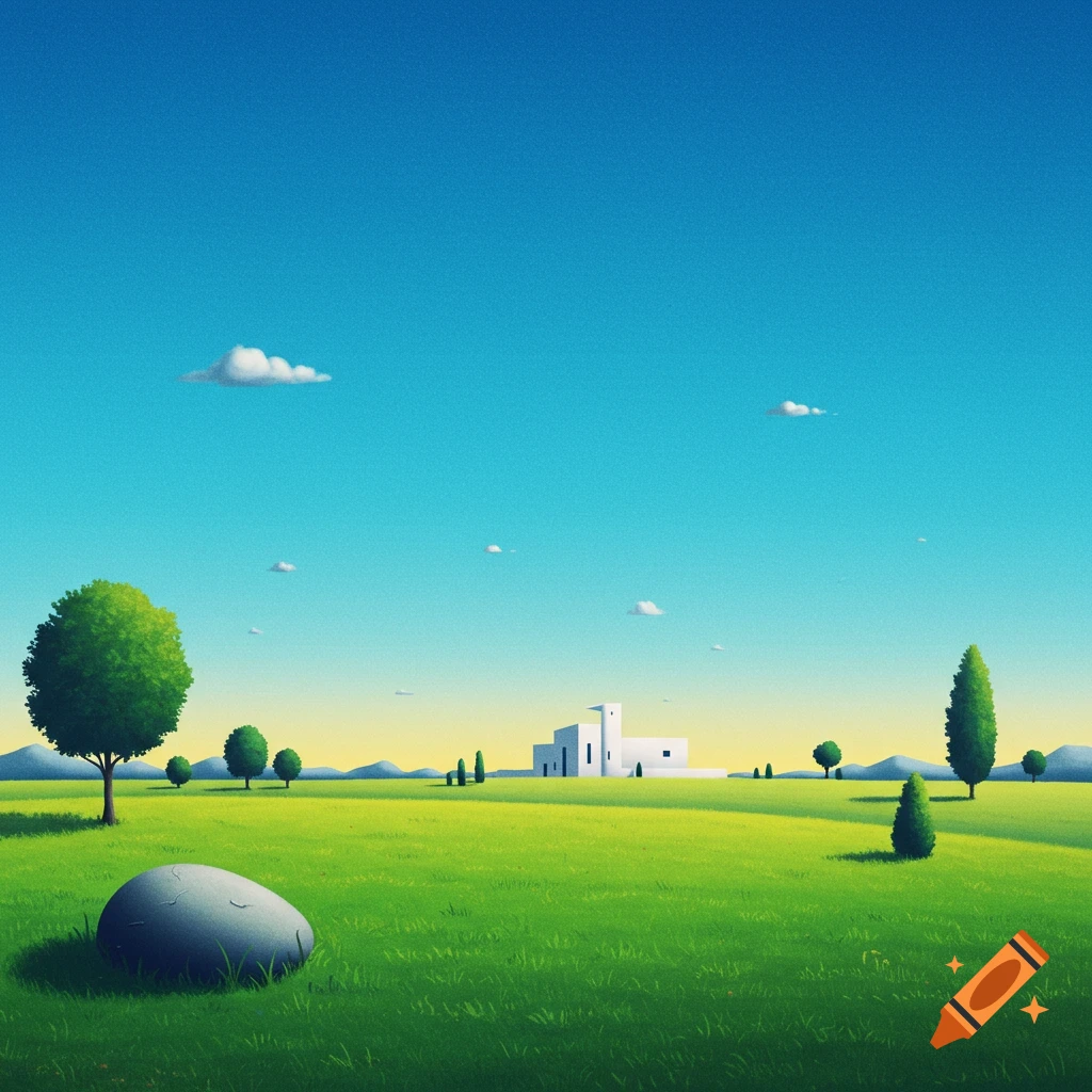 Surreal landscape with a white building, trees, and a large rock under a blue sky.