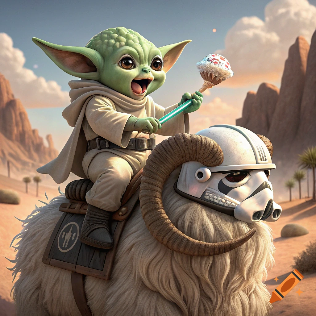 Cute Baby Yoda riding a fluffy ram-like creature wearing a Stormtrooper helmet, feeding it candy in a desert landscape.
