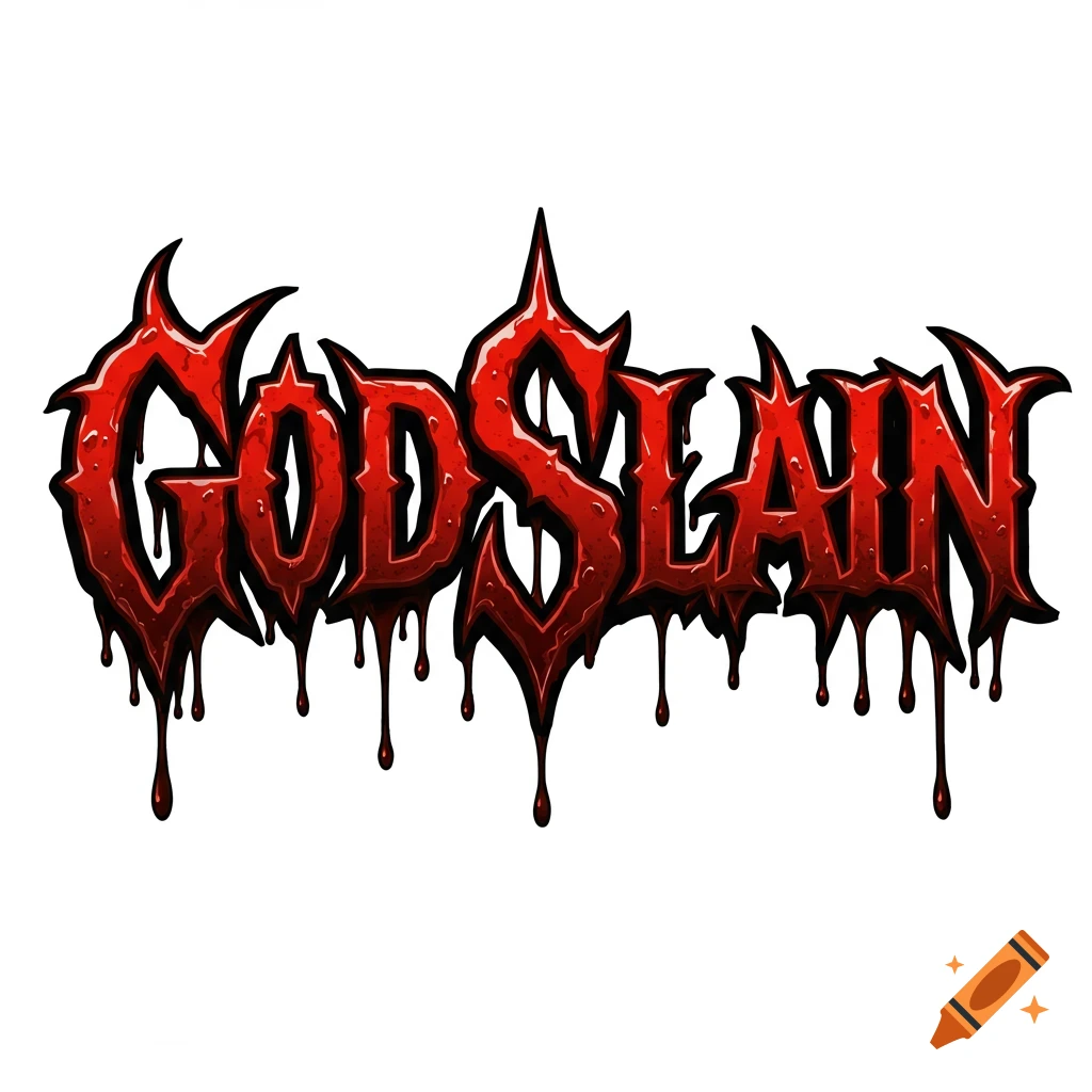 Stylized text GODSLAIN in dripping red heavy metal font on white background