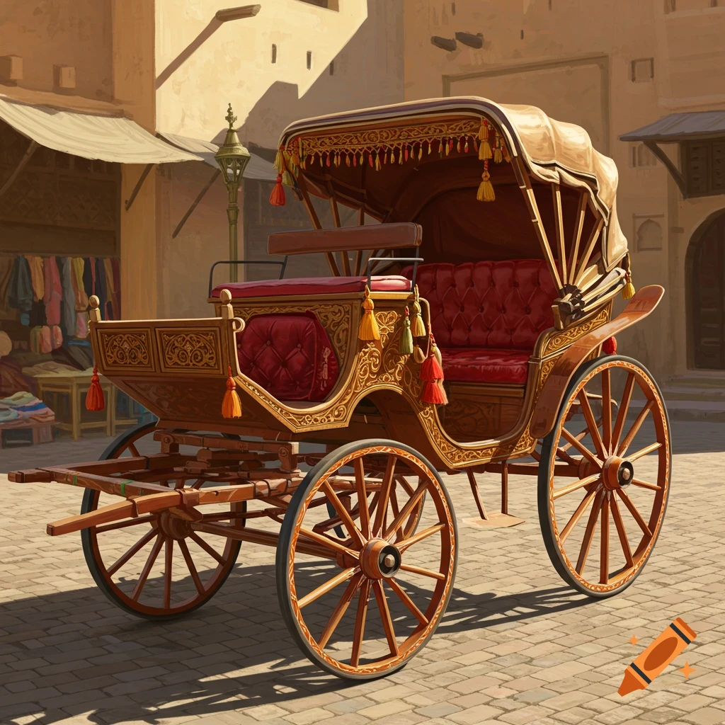 A richly decorated horse-drawn carriage (araba) parked on a cobblestone street in a market setting.