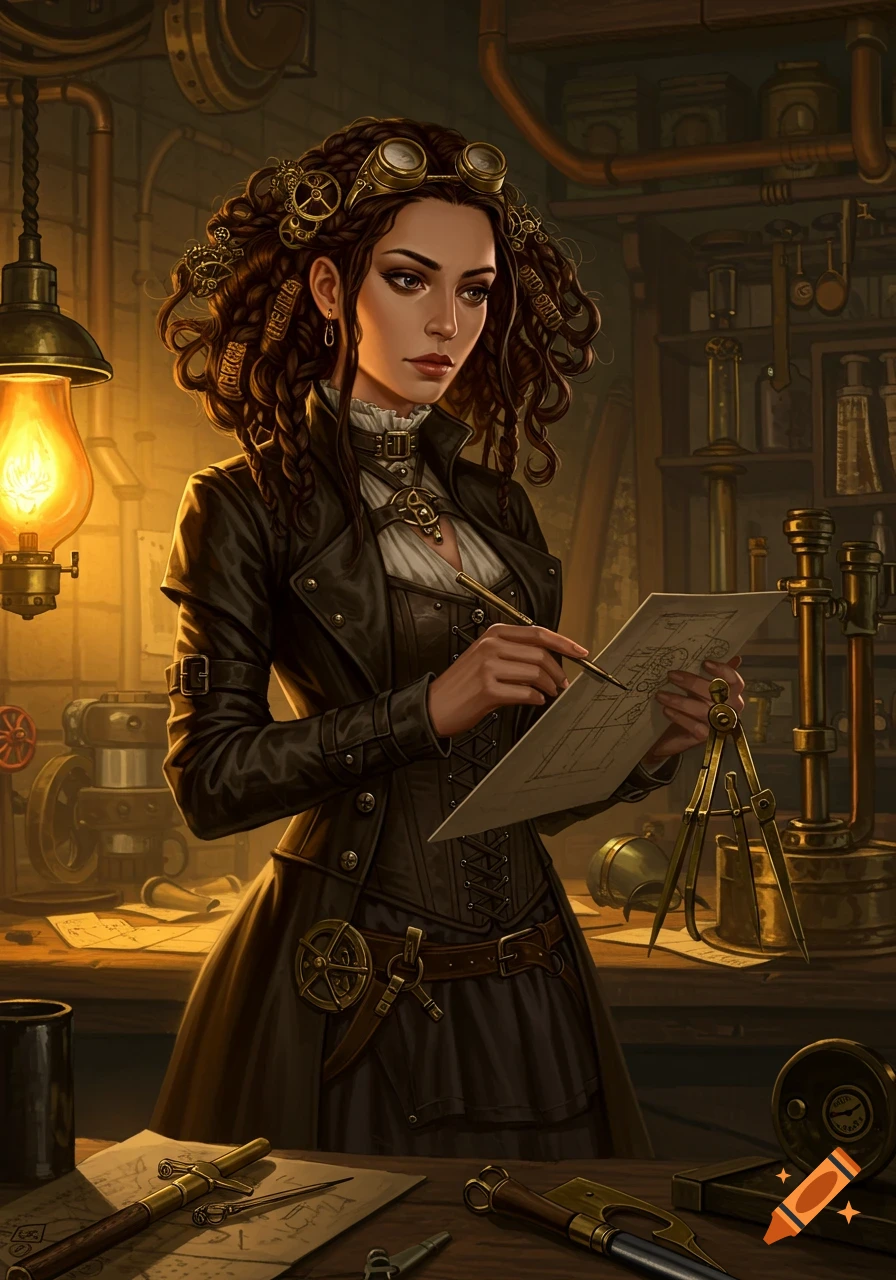 A steampunk Victorian woman draws blueprints in a cluttered workshop.